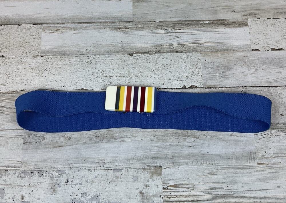 Vintage 1980s Blue Stretch Belt Striped Gold Tone Clip Buckle Elastic Waist Belt